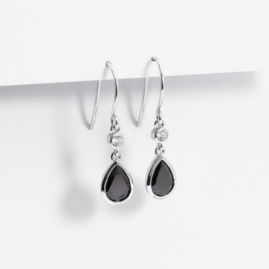 Sterling Silver Black Pear And Round Zirconia Bezel Shepherd Hook Earrings