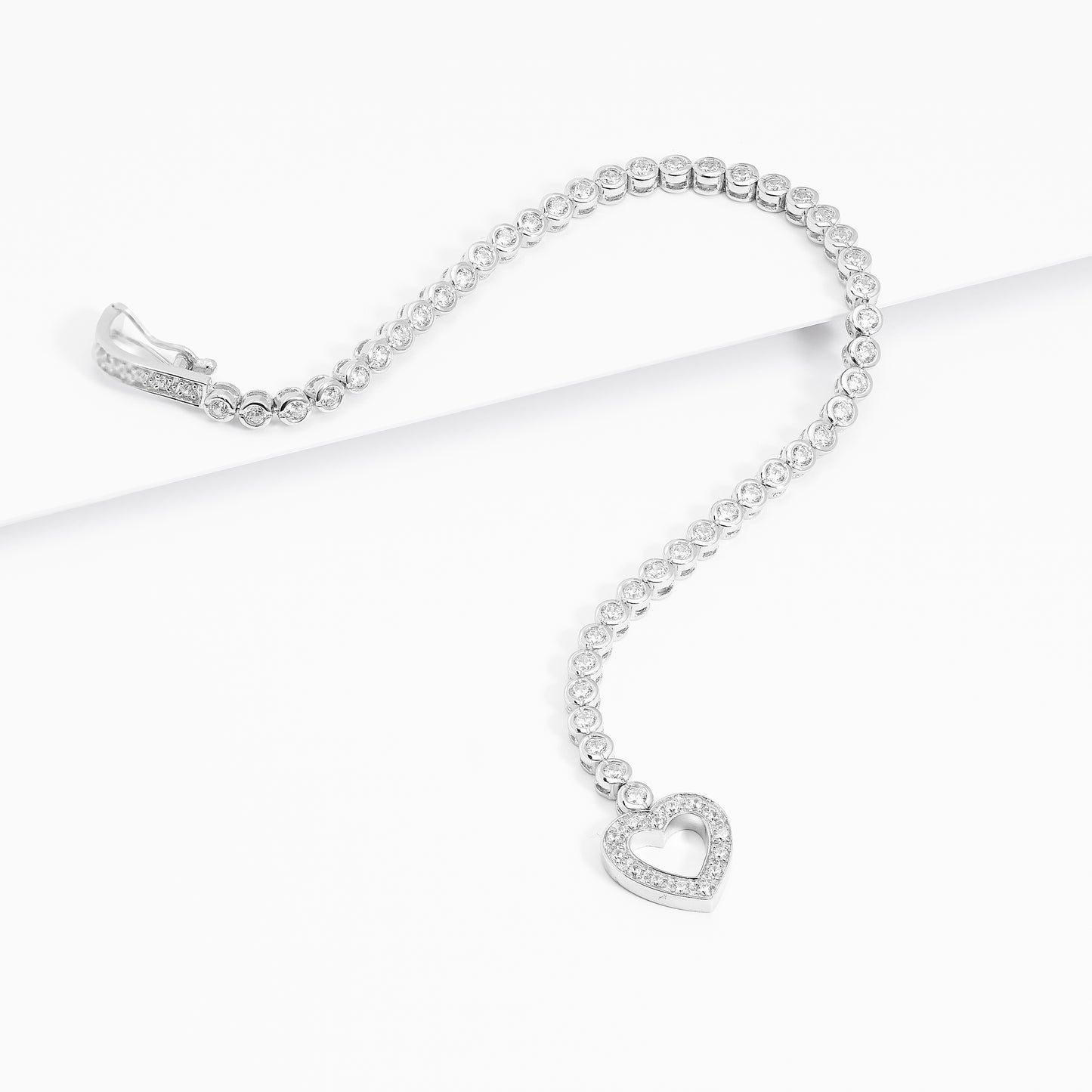 Sterling Silver Bezel Set Zirconia Tennis Bracelet With Heart Clasp 18cm
