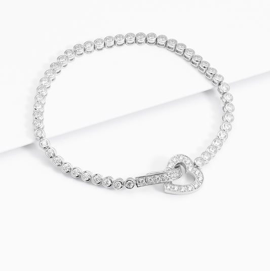 Sterling Silver Bezel Set Zirconia Tennis Bracelet With Heart Clasp 18cm