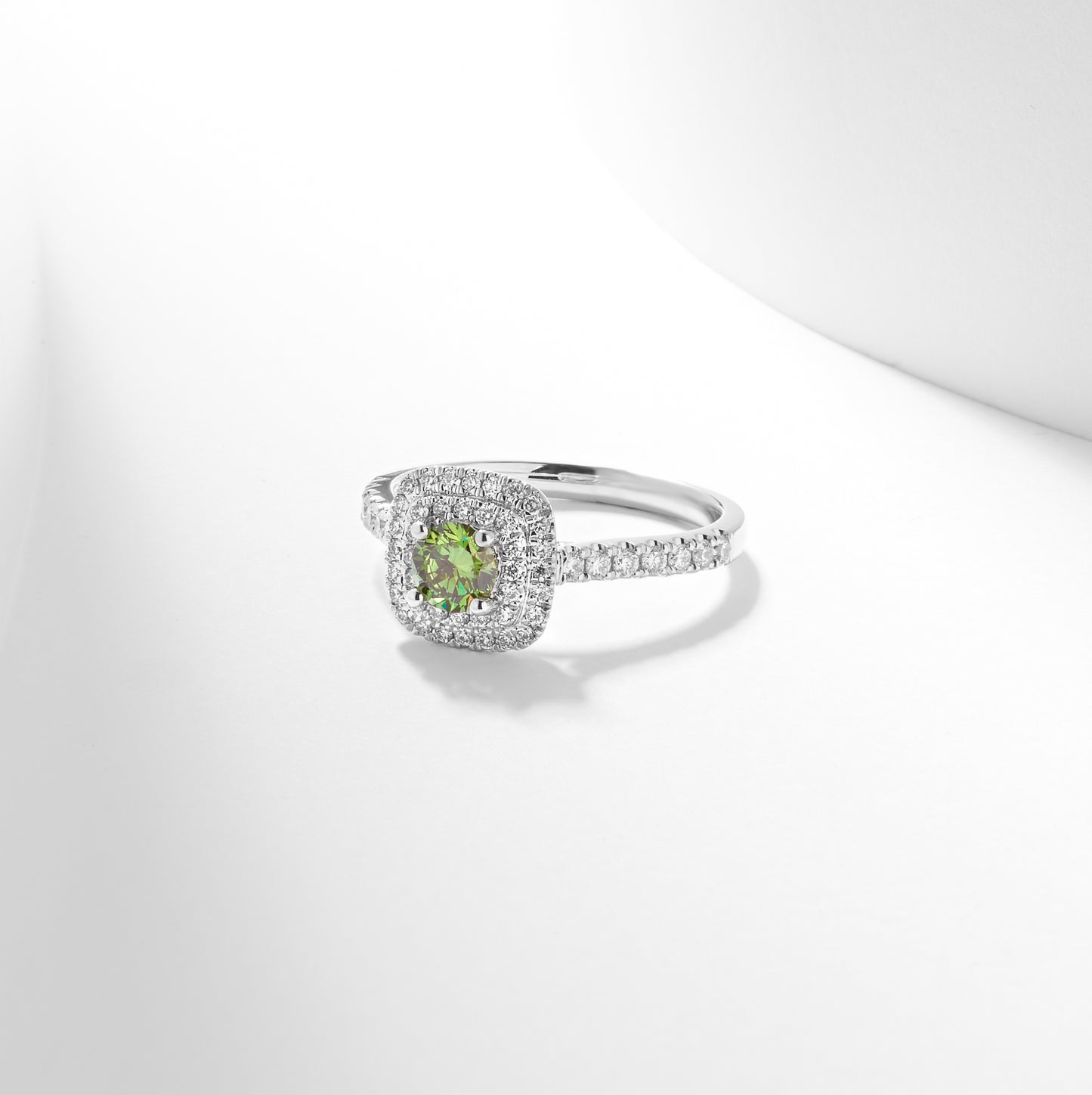 Platinum 0.51tdw Round Brilliant Green Lab Diamond With Double Halo And Claw Set Shoulders Ring