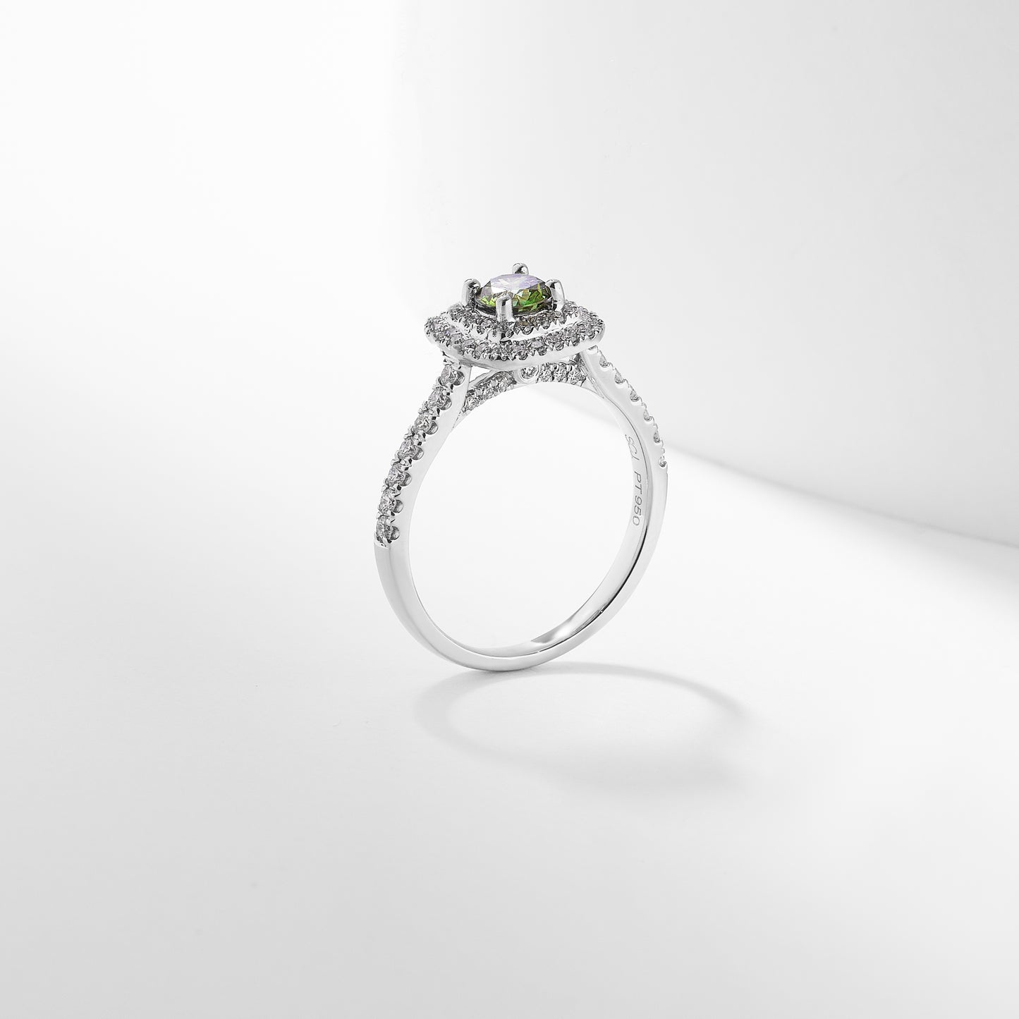 Platinum 0.51tdw Round Brilliant Green Lab Diamond With Double Halo And Claw Set Shoulders Ring