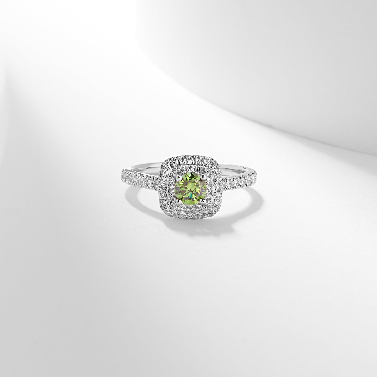 Platinum 0.51tdw Round Brilliant Green Lab Diamond With Double Halo And Claw Set Shoulders Ring