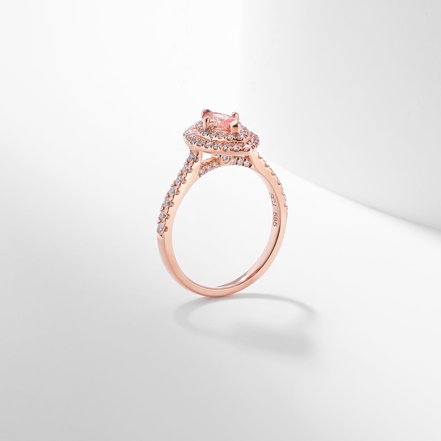 14K Rose Gold 1.08tdw Marquise Pink Lab Diamond Centre With Double Halo And Claw Set Shoulders Ring