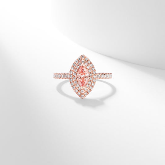 14K Rose Gold 1.08tdw Marquise Pink Lab Diamond Centre With Double Halo And Claw Set Shoulders Ring