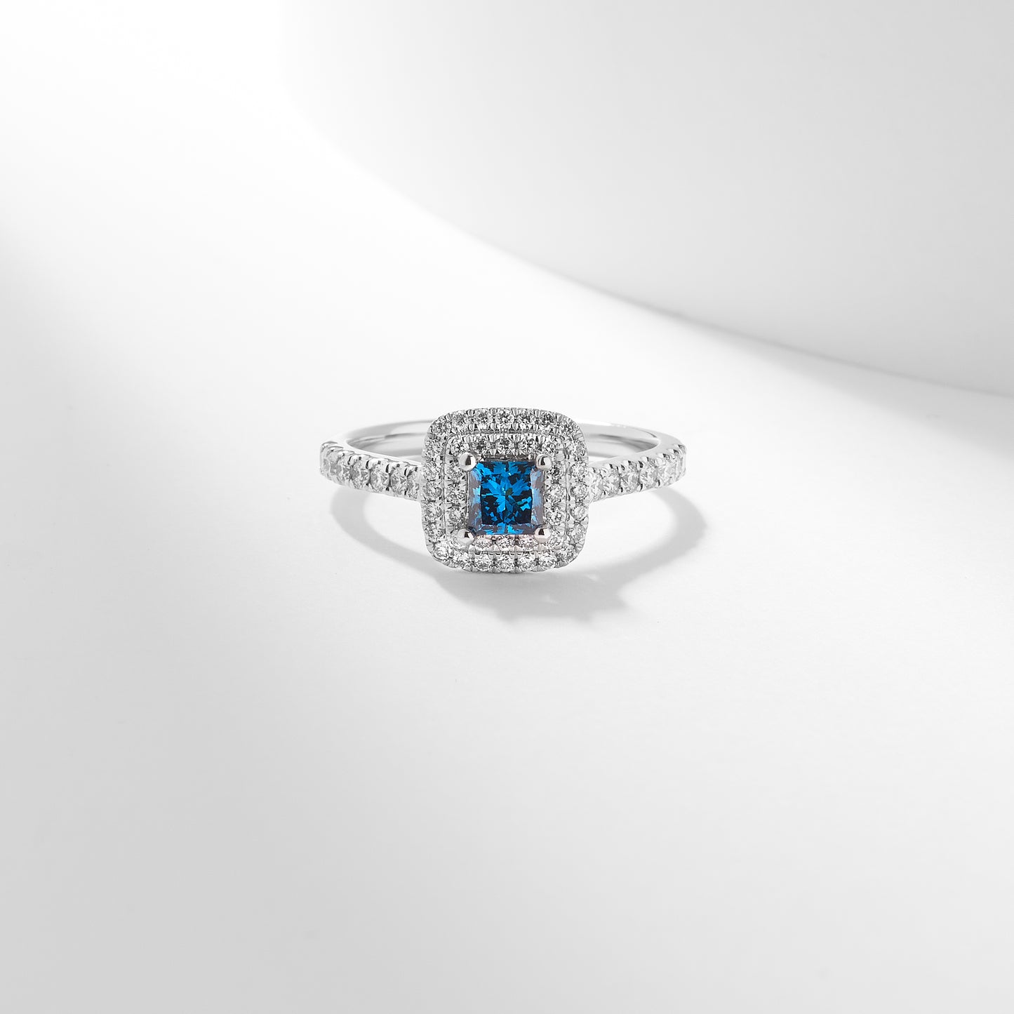 Platinum 0.96tdw Princess Cut Blue Lab Diamond Centre With Double Halo And Claw Set Shoulders Ring