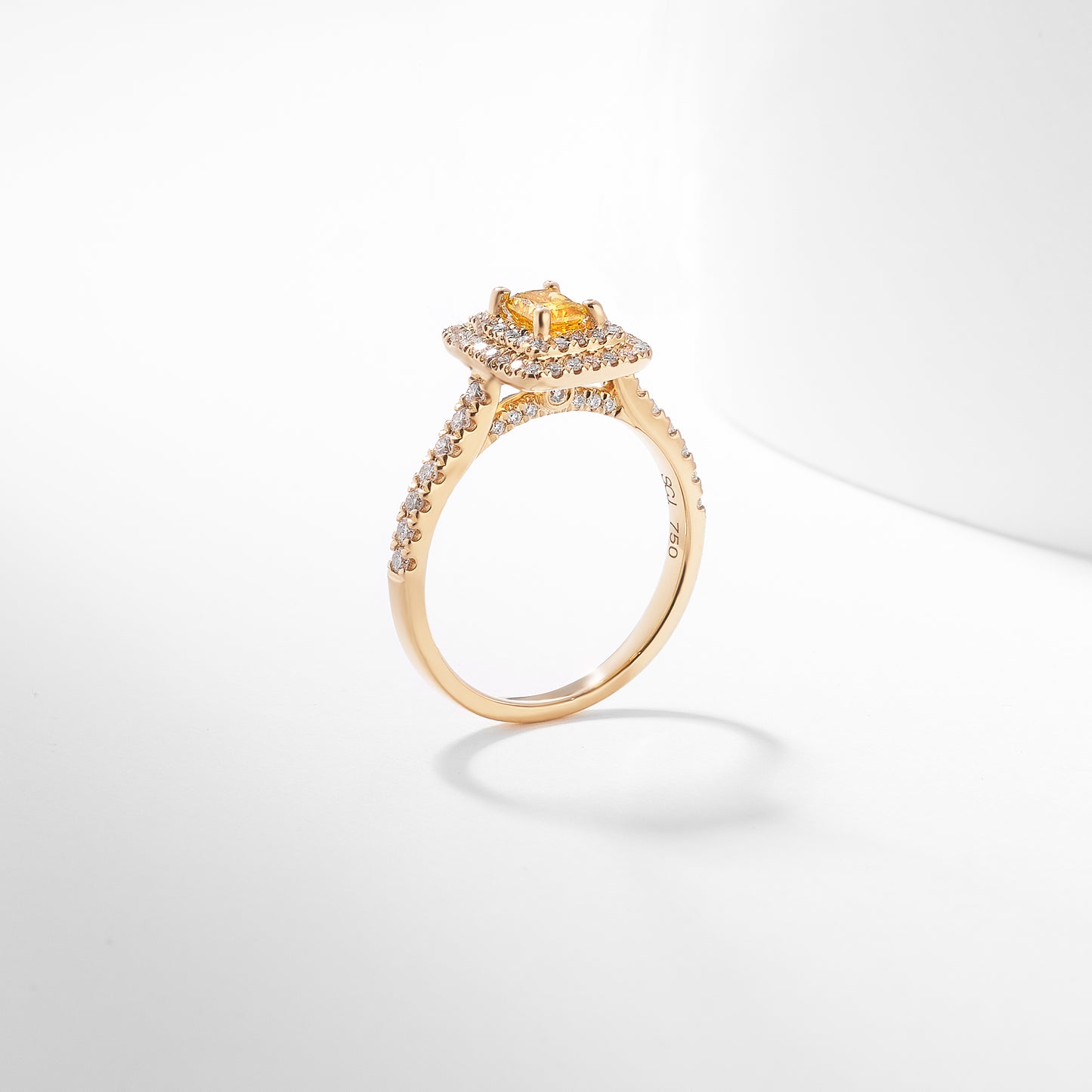 18K Yellow Gold 0.95tdw Radiant Yellow Lab Diamond Centre With Double Halo And Claw Set Shoulders Diamond Ring