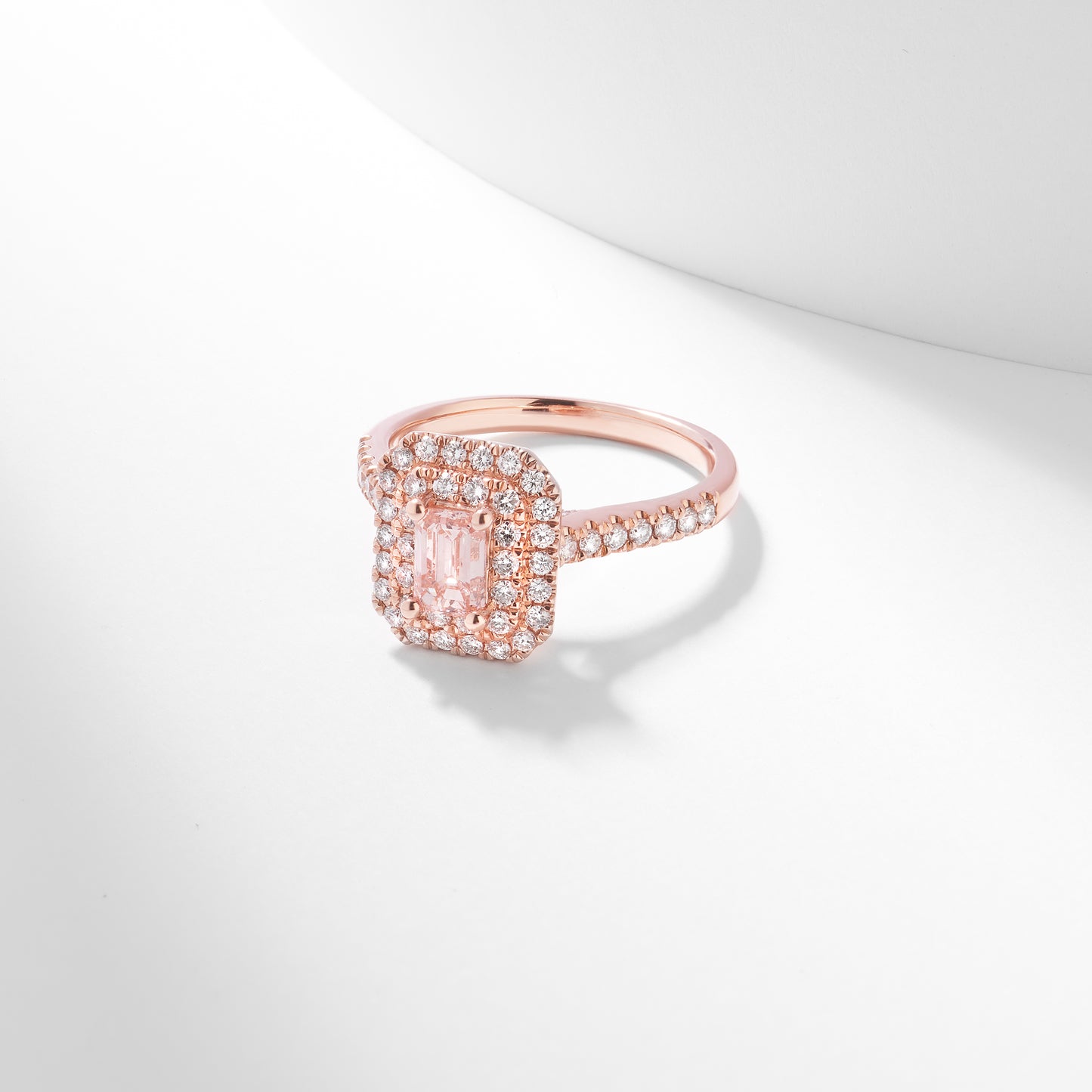 14K Rose Gold 1.38tdw Emerald Cut Pink Lab Diamond Centre With Double Halo And Claw Set Shoulders Ring