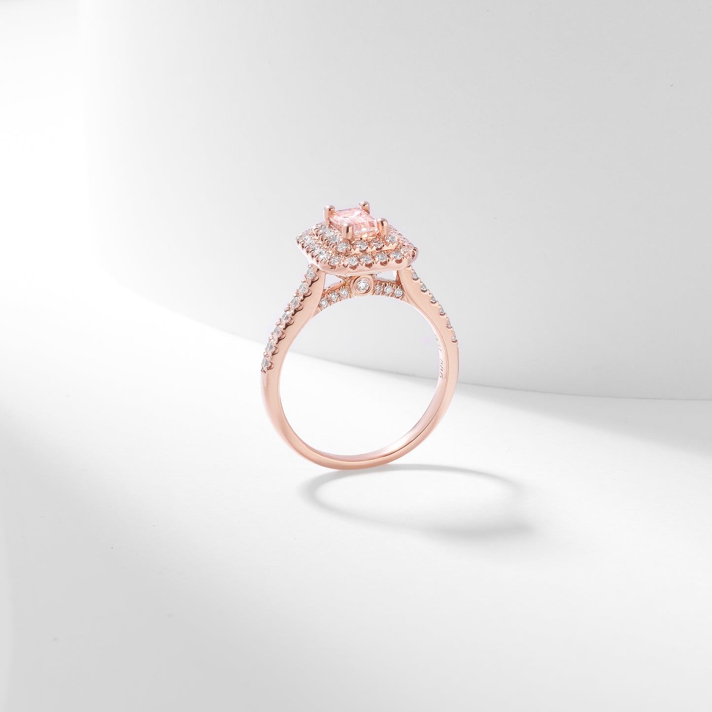 14K Rose Gold 1.38tdw Emerald Cut Pink Lab Diamond Centre With Double Halo And Claw Set Shoulders Ring