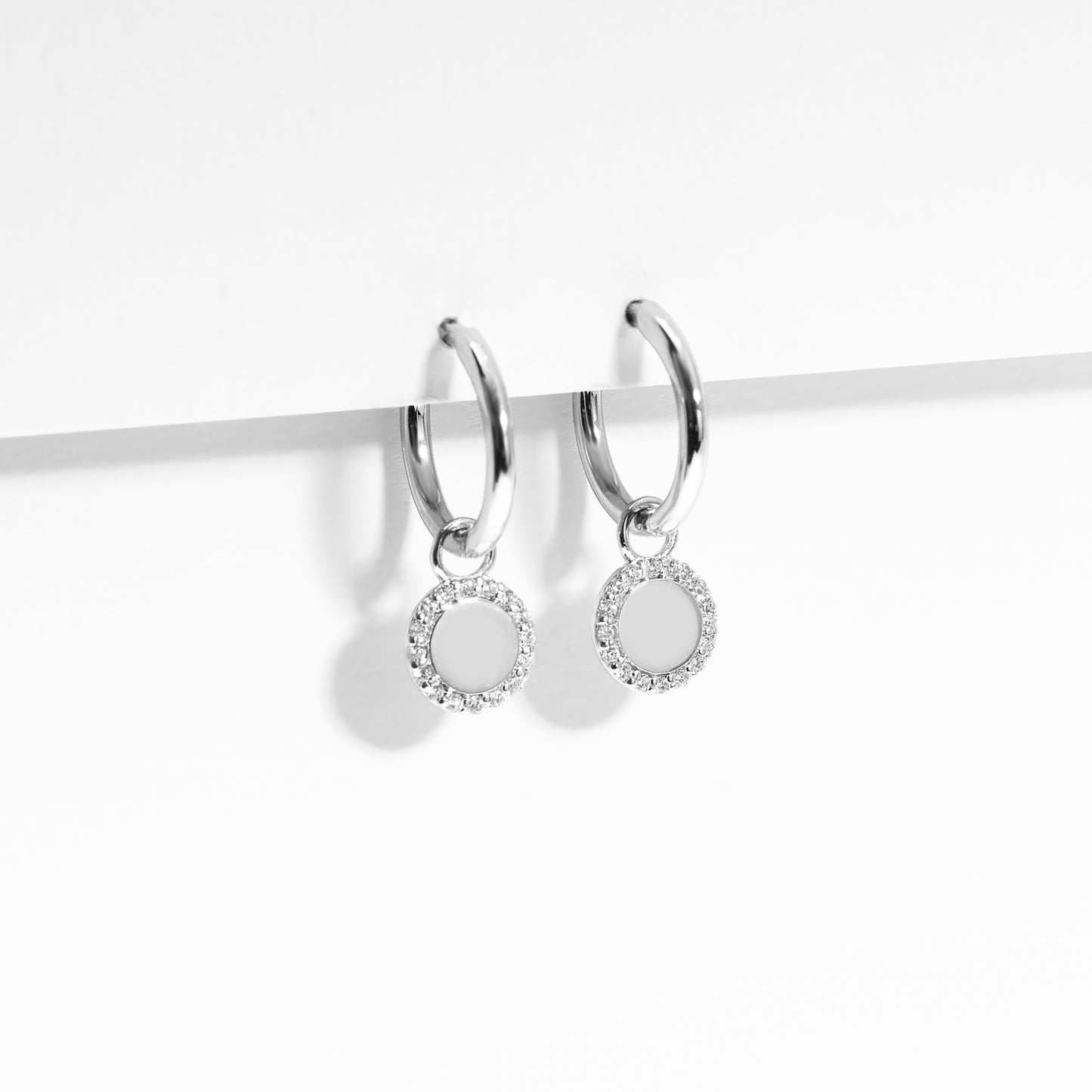 Sterling Silver Zirconia Huggie Earrings With Dangling Round Petite Disc 10mm