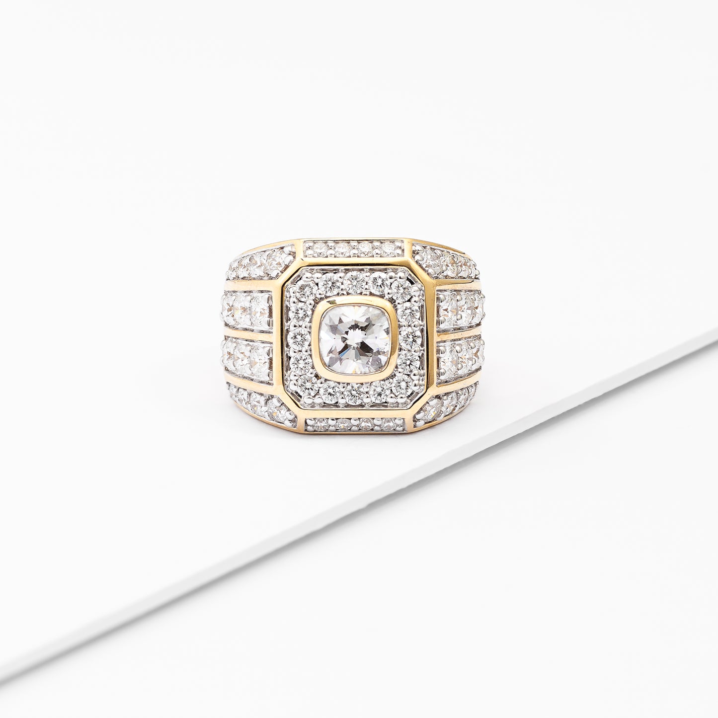 9K Yellow Gold Bezel 1.5ct Cushion Lab Diamond Halo And Shoulders Flat Top Dress Ring 4.2tdw