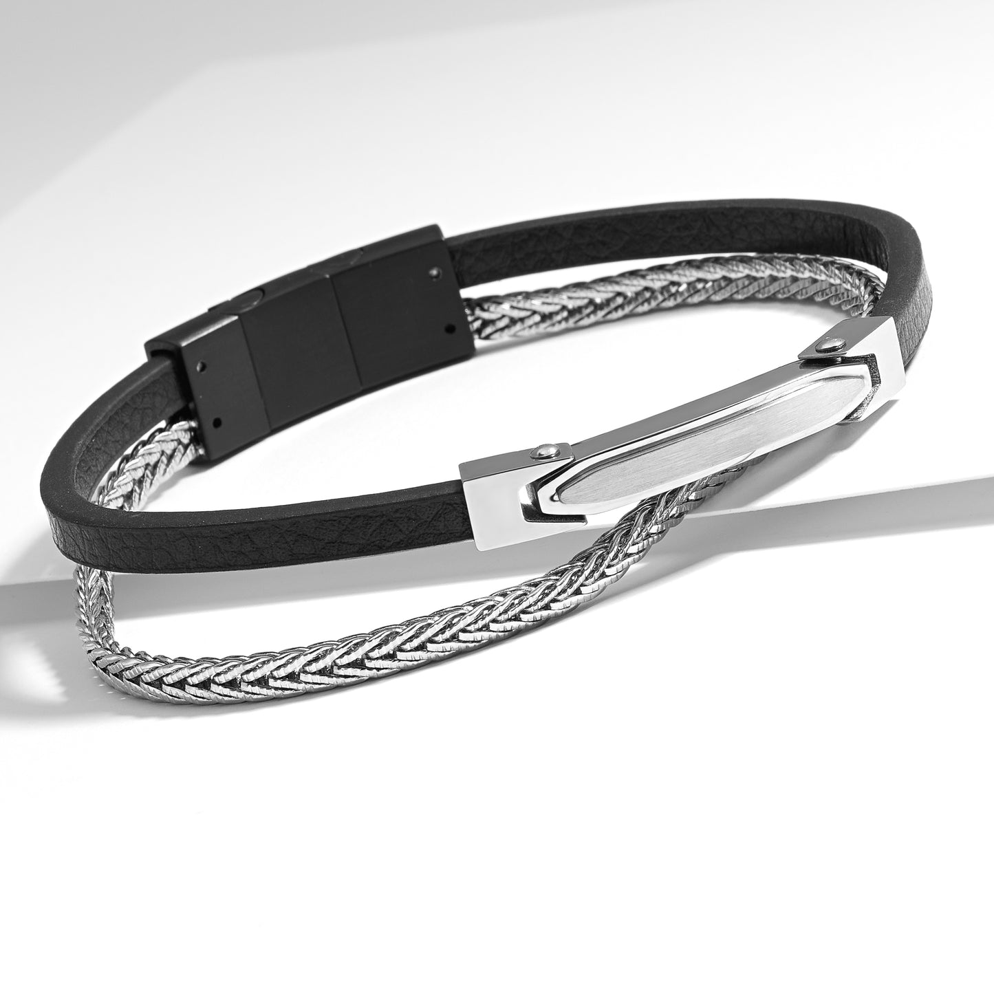 Stainless Steel And Black leather Double Row Bracelet With Engravable Bar