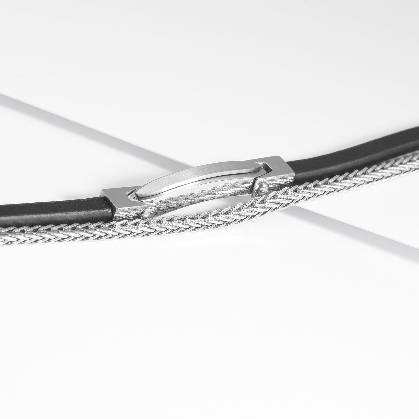 Stainless Steel And Black leather Double Row Bracelet With Engravable Bar