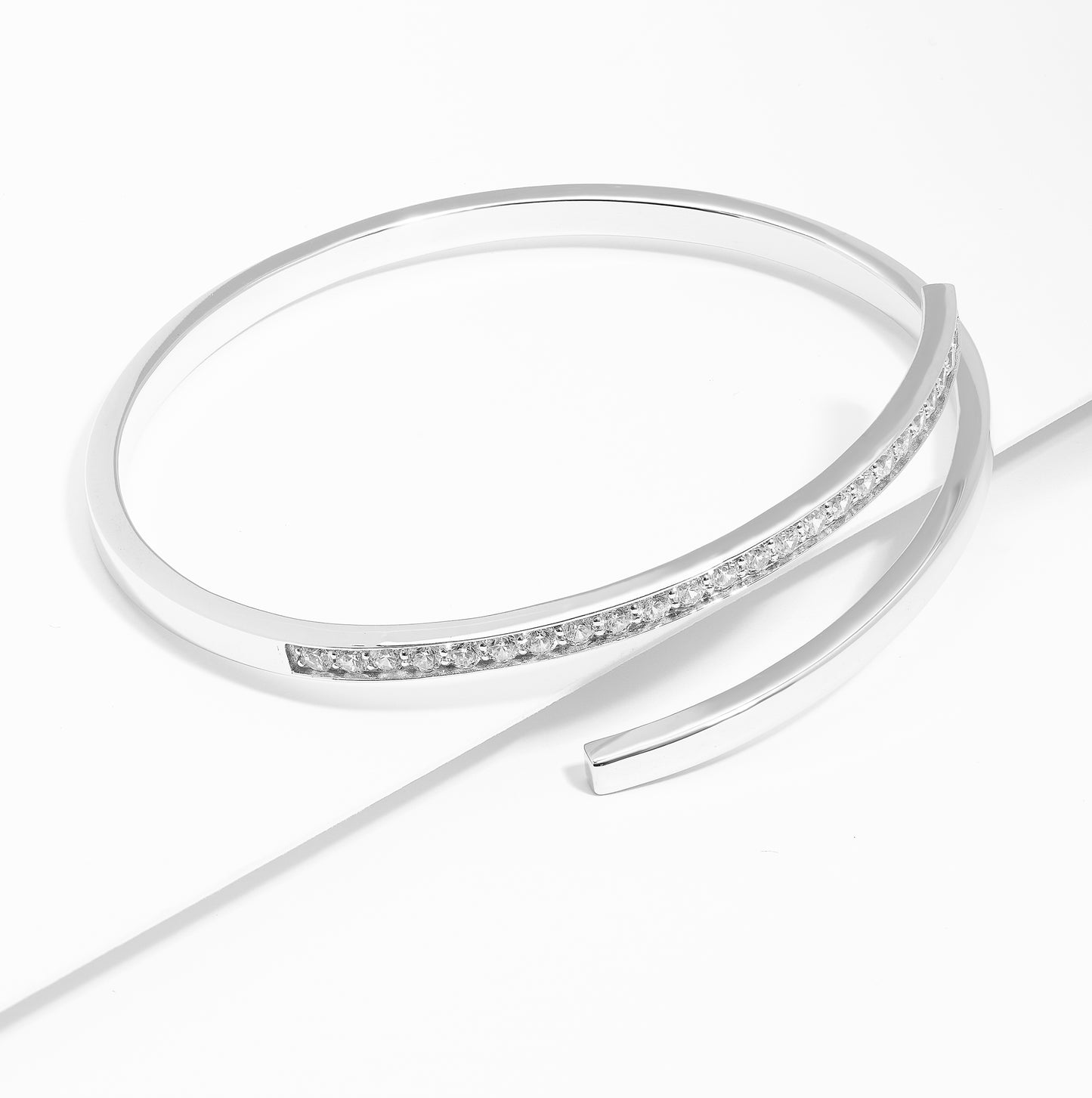 Sterling Silver Zirconia Oval Bypass Bangle 65mm
