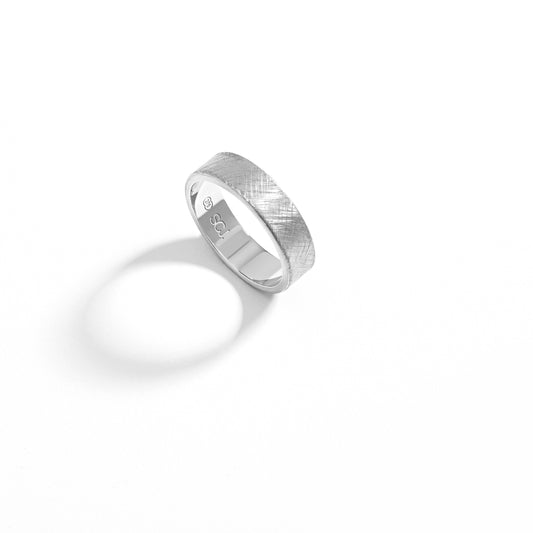 9K White Gold Flat Round Crosshatch Finish Band Ring 6mm