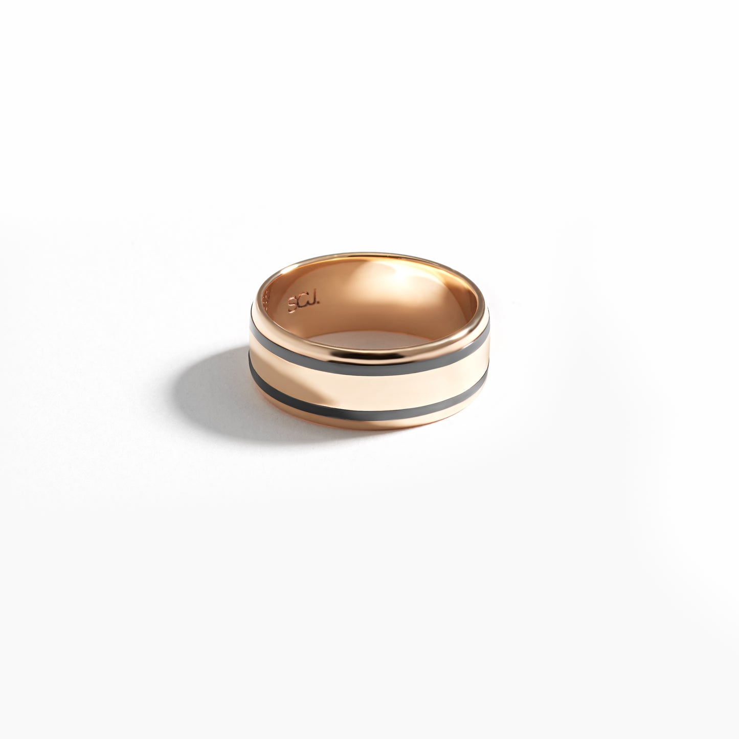 9K Yellow Gold Black Zirconium Dual Line Band Ring 8mm