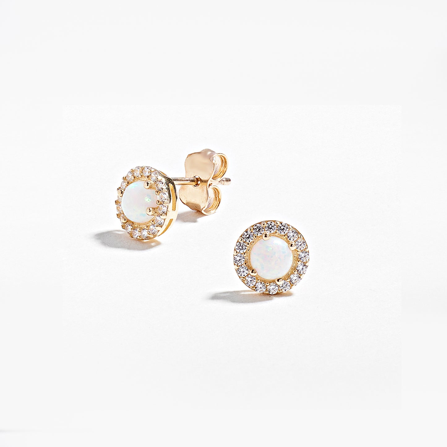 9k Yellow Gold Cr. Opal Halo Stud Earrings