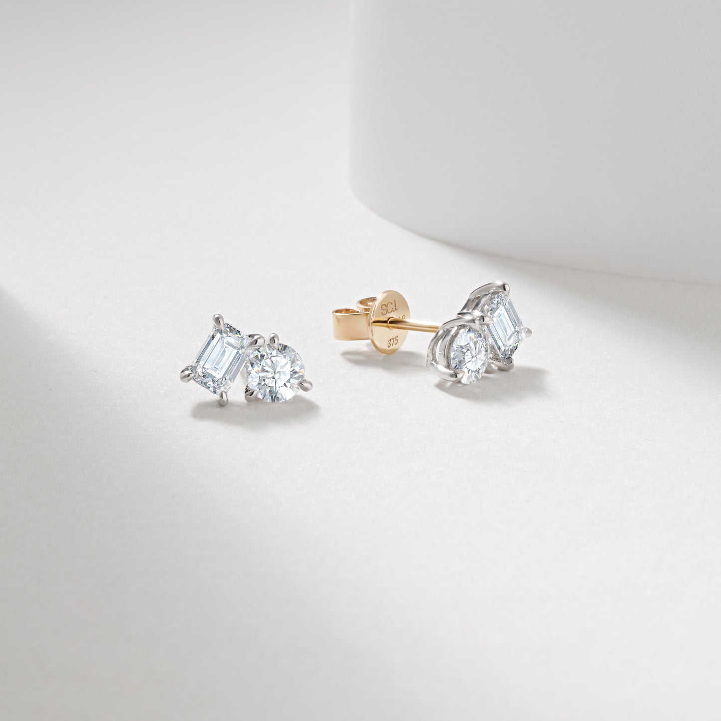9K Yellow And White Gold Emerald Cut And Round Brilliant Lab Diamond Duo Stud Earrings 1.5tdw