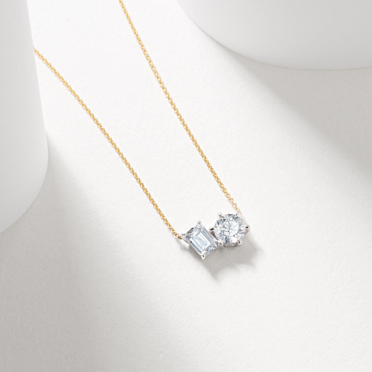 9K Yellow And White Gold Emerald Cut And Round Brilliant Lab Diamond Duo Necklace 1.5tdw