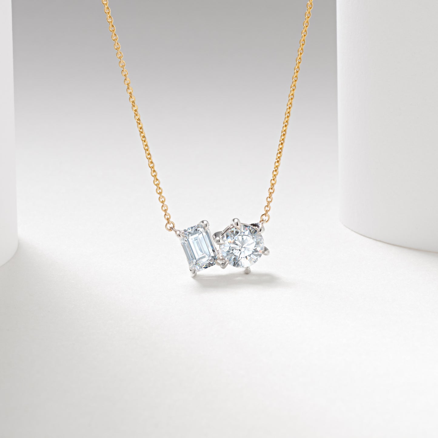 9K Yellow And White Gold Emerald Cut And Round Brilliant Lab Diamond Duo Necklace 1.5tdw