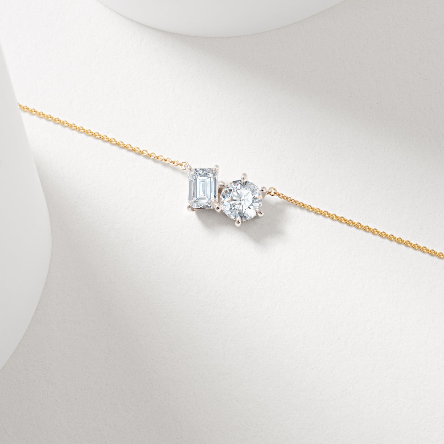 9K Yellow And White Gold Emerald Cut And Round Brilliant Lab Diamond Duo Necklace 1.5tdw