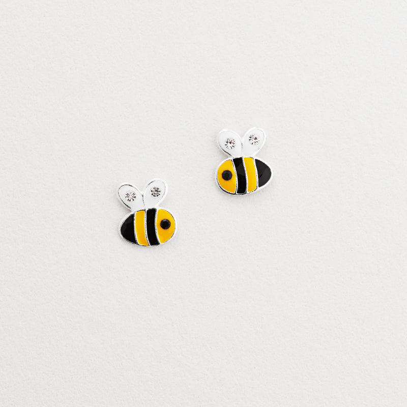 Silver enamel & crystal bee stud earrings