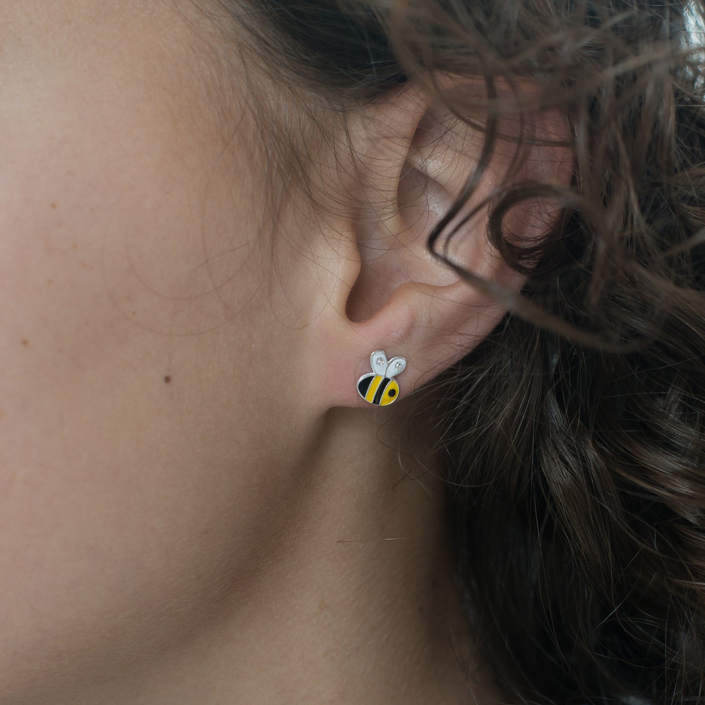 Silver enamel & crystal bee stud earrings