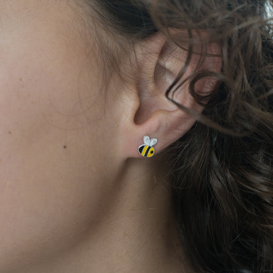 Silver enamel & crystal bee stud earrings