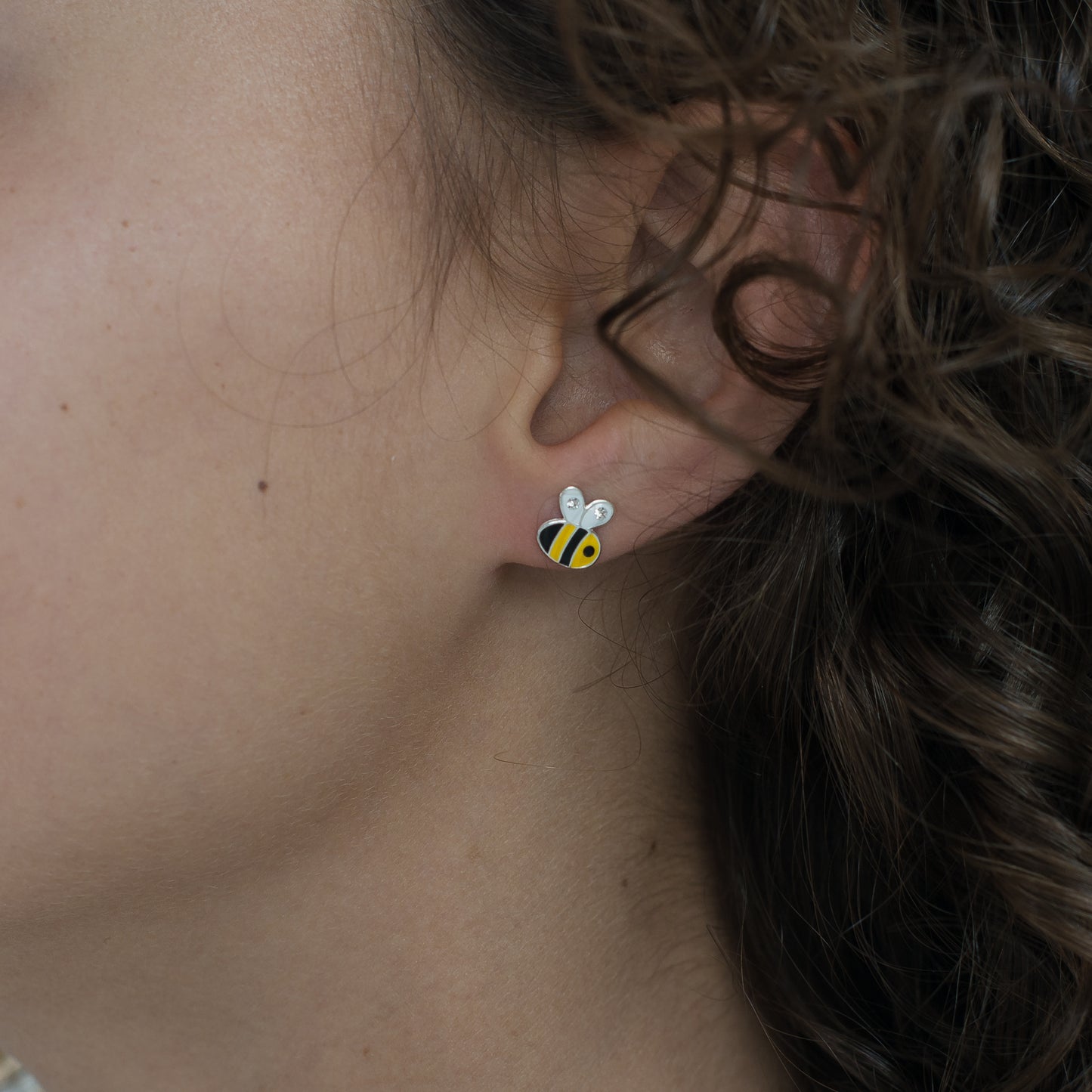 Silver enamel & crystal bee stud earrings