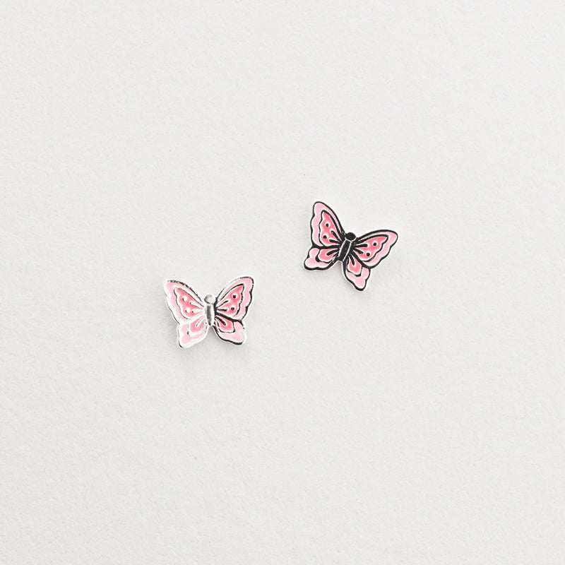 Silver pink enamel butterfly stud earrings