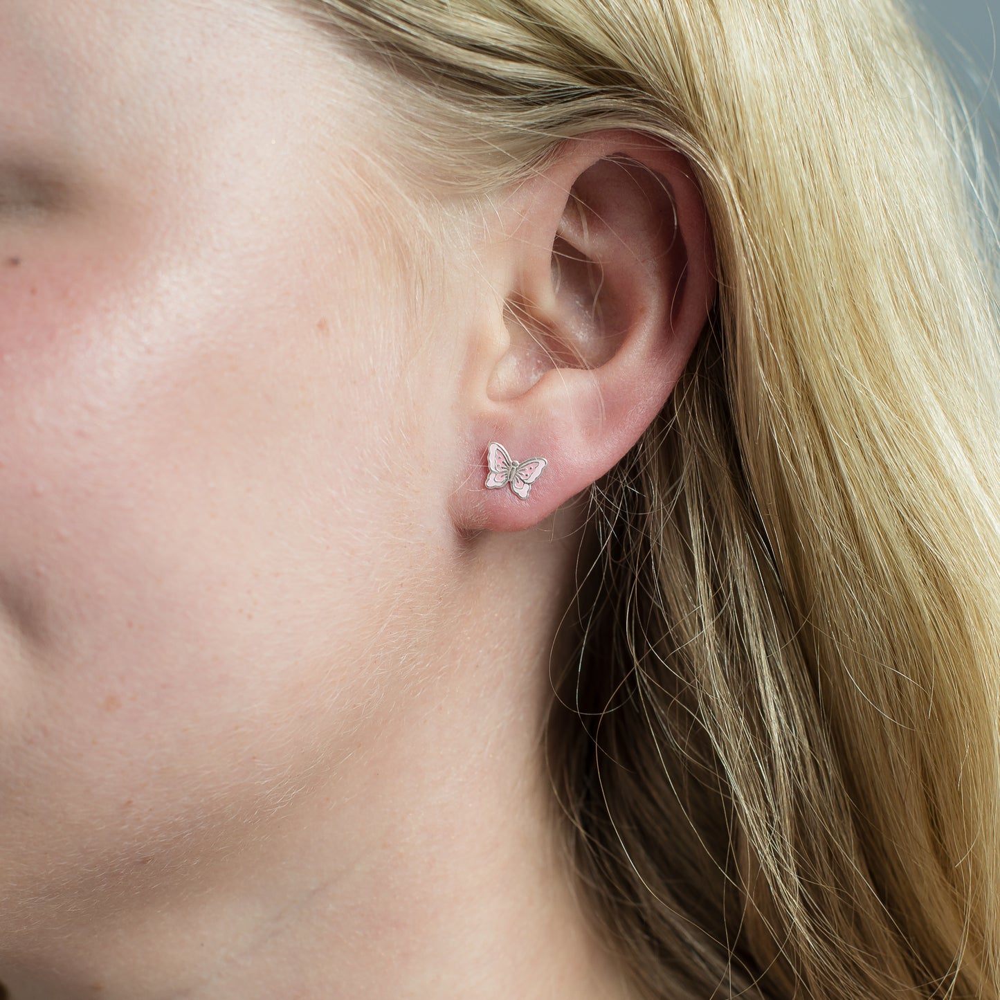 Silver pink enamel butterfly stud earrings