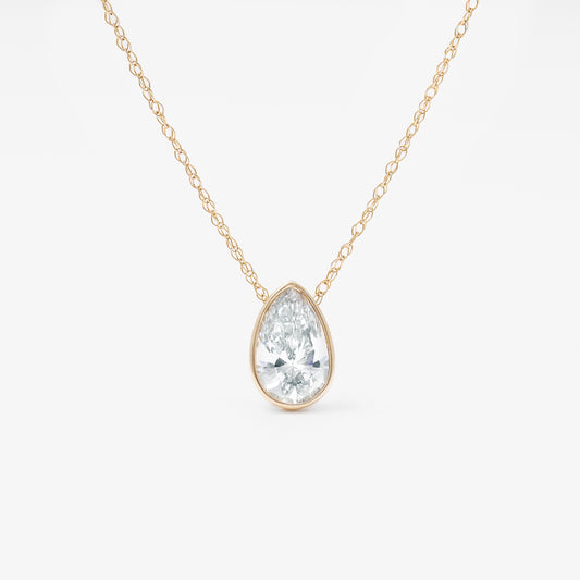 9K Yellow Gold 0.70ct Bezel Pear Lab Diamond Slider Pendant With Chain 45cm.