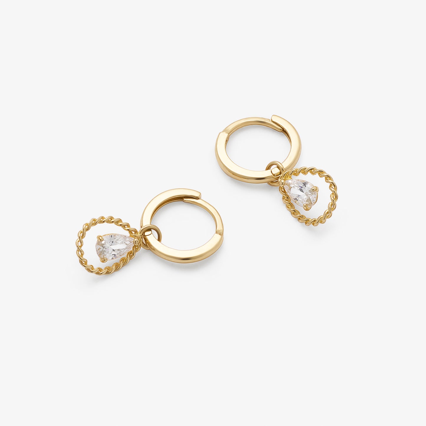 9K Yellow Gold Rope Open Teardrop And Pear Zirconia Charm Huggie Earrings