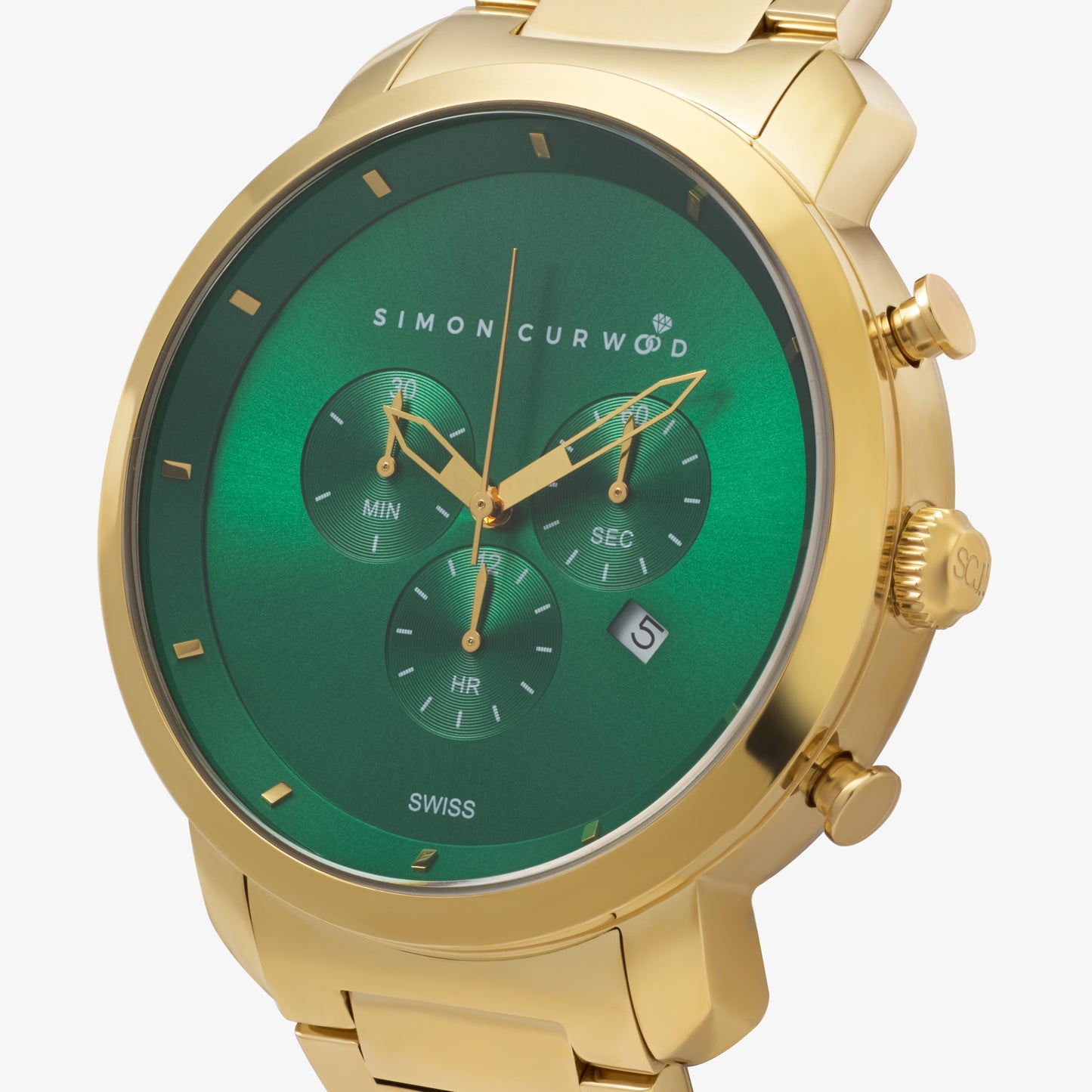 Gold Tone Stainless Steel Watch With Emerald Green Dial And Swiss Movement