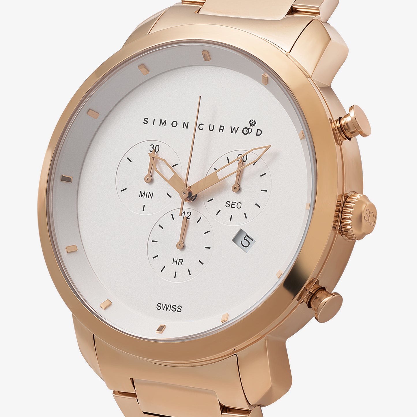 Rose Gold Tone Stainless Steel Watch With White Dial And Swiss Movement