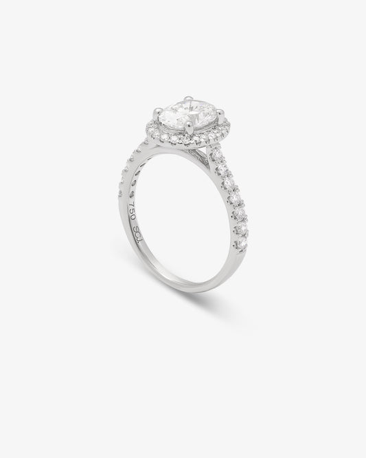 18K White Gold 1.5ct Oval Lab Diamond Centre With Brilliant Lab Diamond Halo And Shoulders Ring 2.0tdw