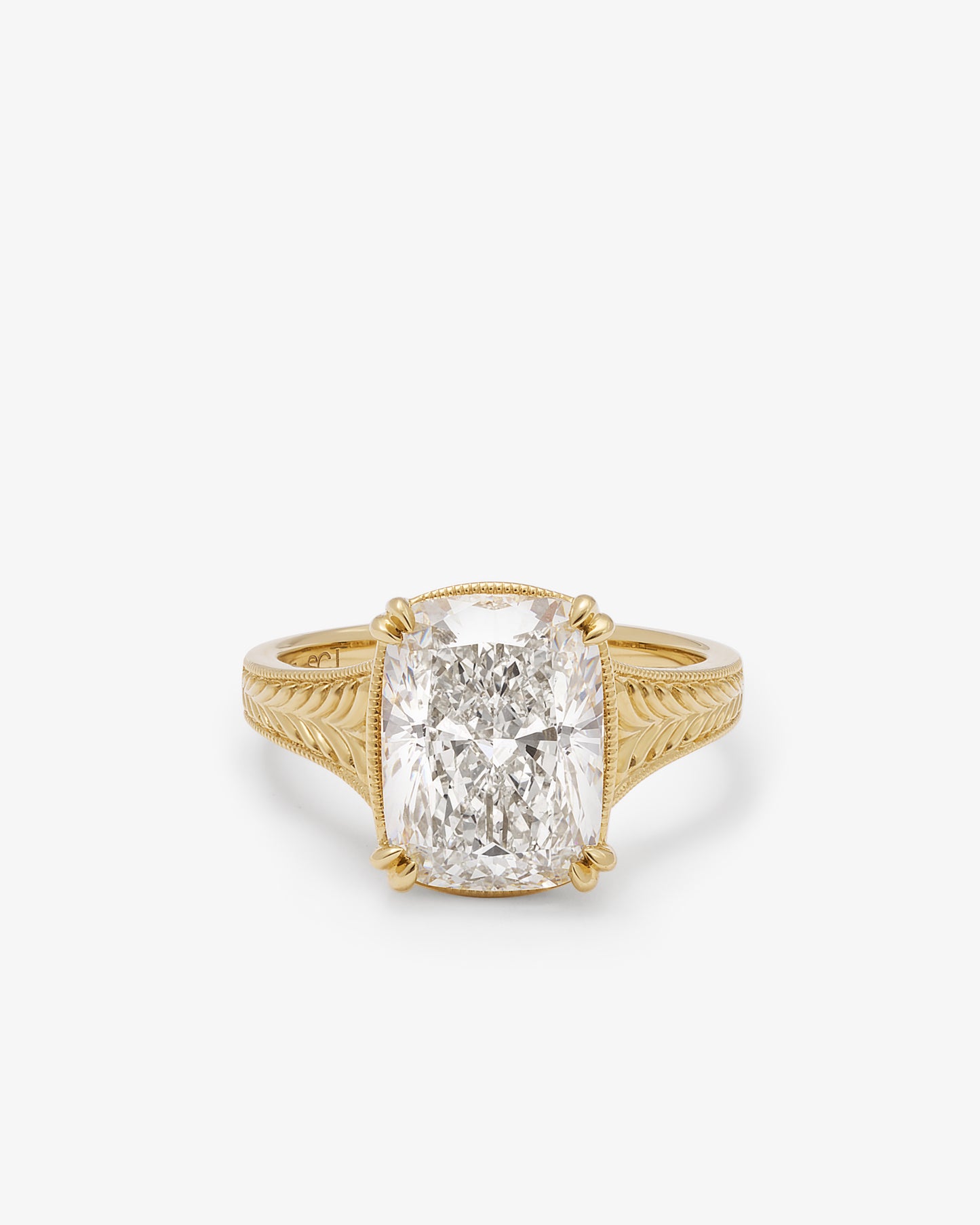 14K Yellow Gold 5ct Elongated Cushion Lab Diamond With Double Claws Milgrain Gallery Rail And Engraved Tapered Shoulders Ring