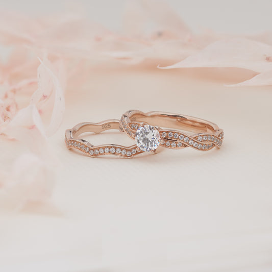 18K Rose Gold Round Brilliant Moissanite Solitaire Entwined Band Bridal Set