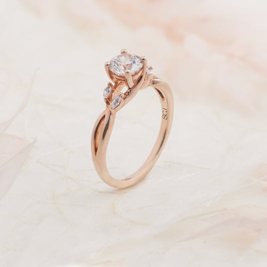 18K Rose Gold Round Brilliant Moissanite Solitaire with Marquise Shoulder Accents Engagement Ring