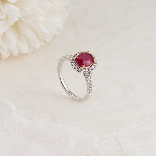 18K White and Rose Gold Oval Natural Ruby and Diamond Halo Ring 0.33tdw