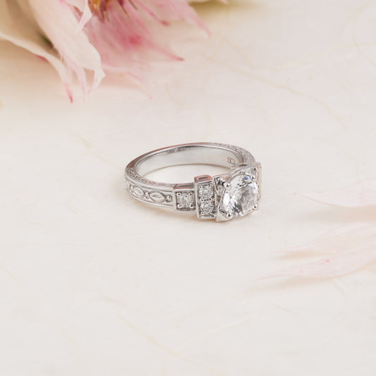 18K White Gold Round Brilliant White Topaz and Diamond Vintage Inspired Engagement Ring 0.26tdw