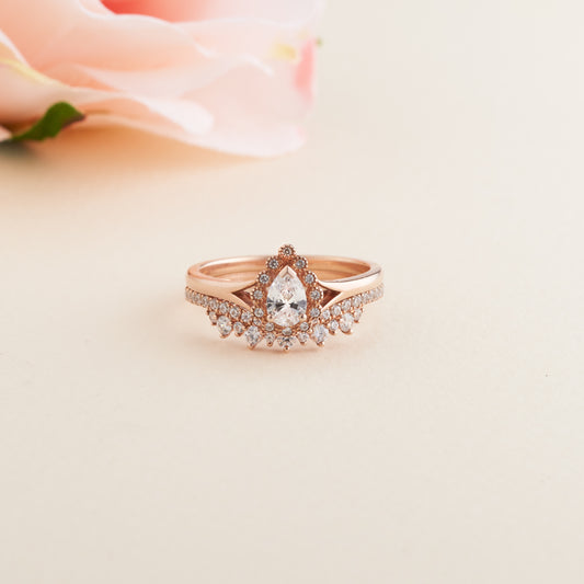 18K Rose Gold Pear Diamond Halo Tiara Bridal Set 0.9tdw