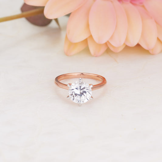 9K Rose and White Gold Round Brilliant Created White Sapphire Solitaire Ring 3.0ct