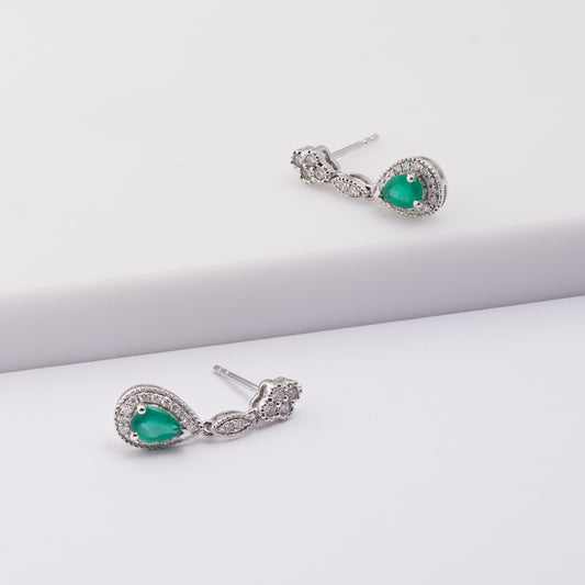 18K White Gold Natural Emerald Diamond Halo Drop Earrings 0.34tdw