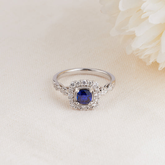 18K White Gold Ceylon Sapphire Diamond Halo Vintage Inspired Ring 0.46tdw