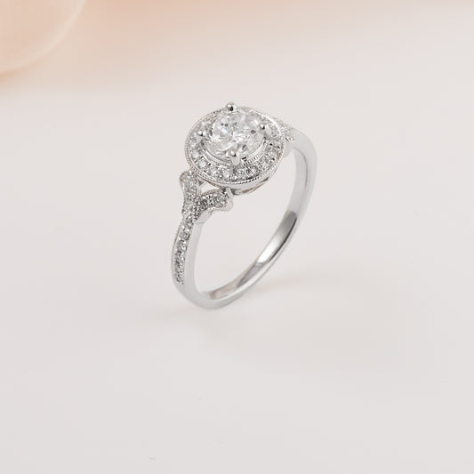 18K White Gold 1ct Diamond Halo Vintage Inspired Engagement Ring 1.25tdw