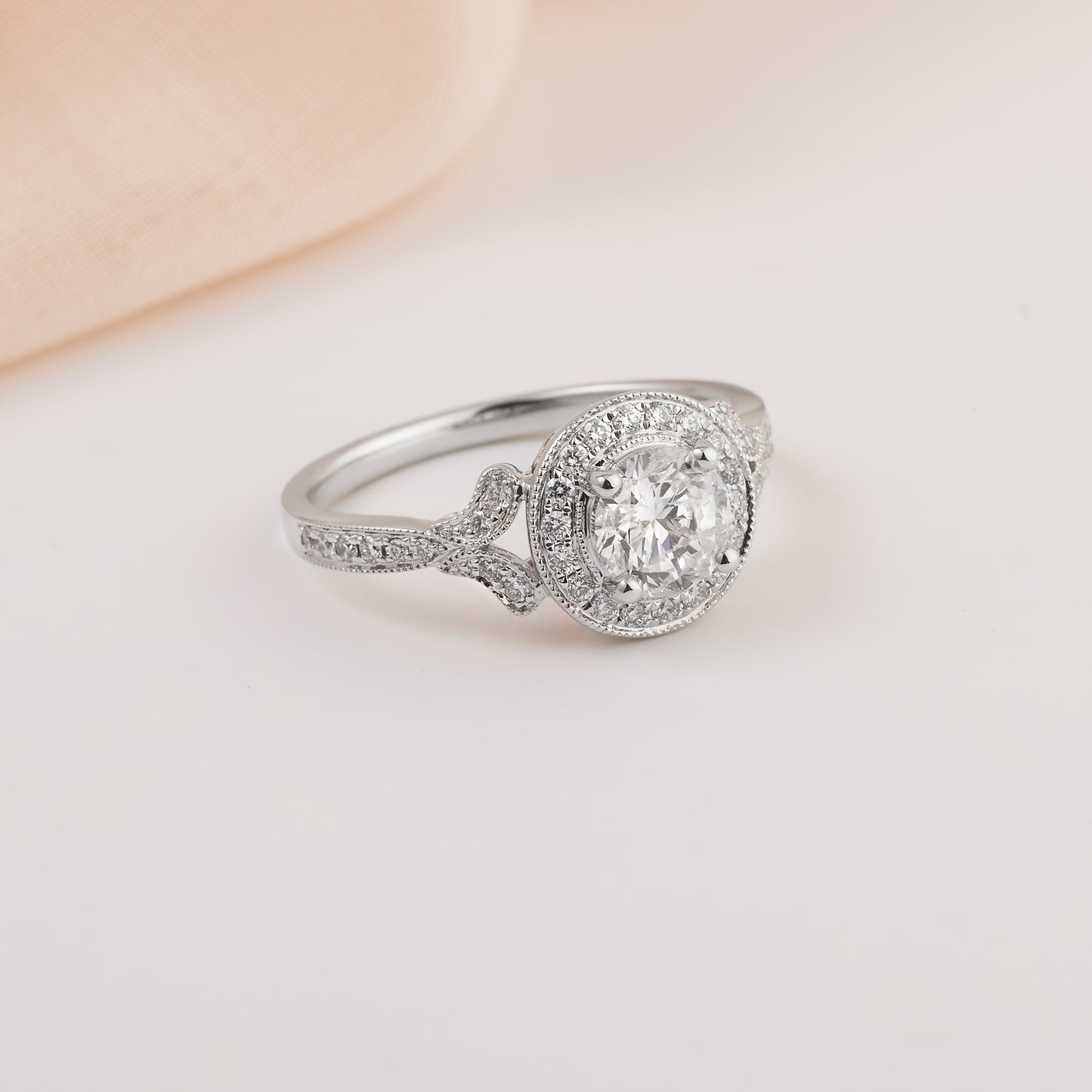 18K White Gold 1ct Diamond Halo Vintage Inspired Engagement Ring 1.25tdw