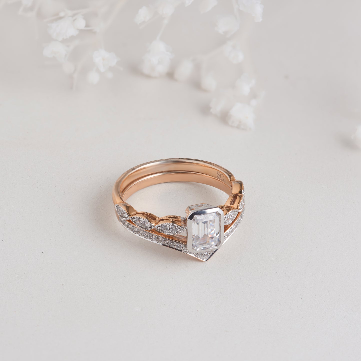 18K Rose Gold Emerald Cut Diamond Solitaire Bridal Set 1.2tdw