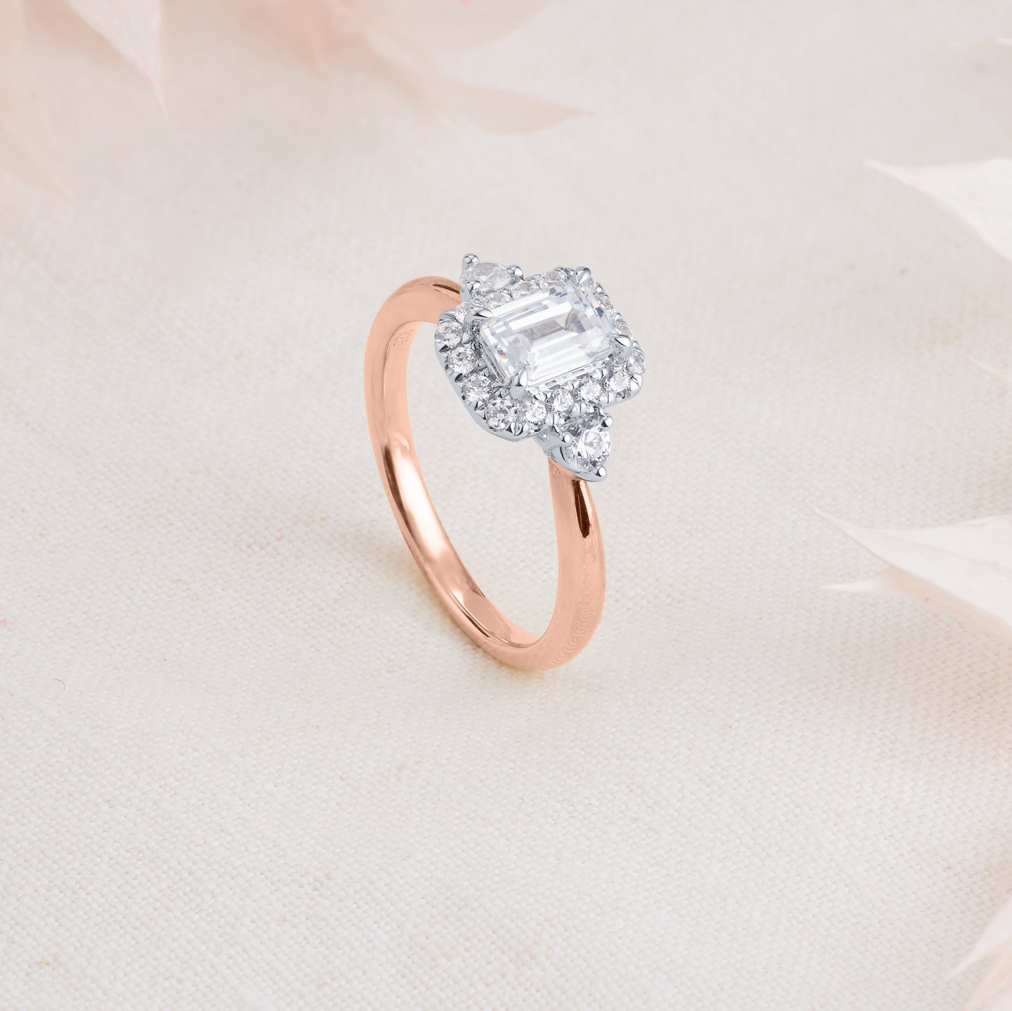 18K Rose and White Gold Emerald Cut Diamond Halo Engagement Ring 1.19tdw