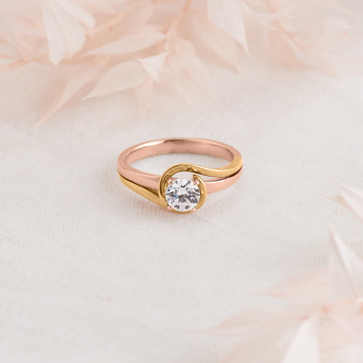 18K Yellow and Rose Gold Round Brilliant Diamond Solitaire Swirl Engagement Ring 0.65tdw