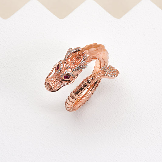 9K Rose Gold Diamond and Ruby Dragon Ring